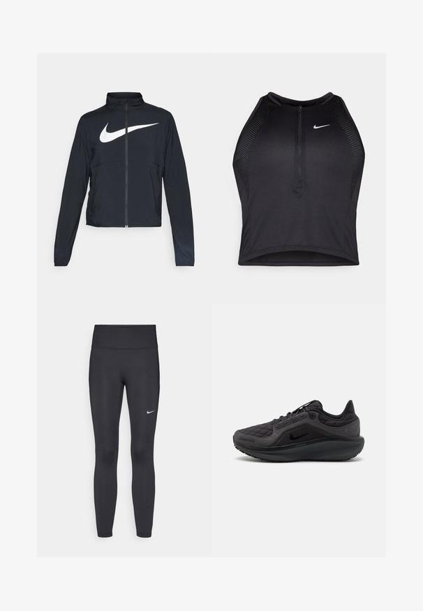 Fekete, teljes cipzáros sportdzseki magas gallérral, hosszú ujjal, amelyen egy nagy, fehér Nike logó található a mellkason.; Fekete sportos crop top, elöl cipzárral, hálós kiegészítőkkel és testhez álló kialakítással. Rugalmas, lélegző anyagból készült. Nike logó elöl.; Fekete leggings elasztikus anyagból, magas derékkal és fehér Nike logóval a bal combon. Simább textúra, testhez álló kialakítás.; Fekete sportcipő steppelt felsőrésszel, textúrázott kiegészítőkkel és párnázott talppal. Jellemzője a kiemelkedő Nike logó és tartós talp.