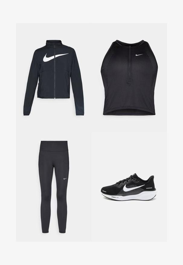 Zwarte sportjas met volledige rits, hoge kraag, lange mouwen en groot wit Nike swoosh-logo op de borst.; Zwarte atletische crop top met een rits aan de voorkant, mesh accenten en een aansluitend ontwerp. Gemaakt van rekbare, ademende stof. Nike-logo aan de voorkant.; Zwarte legging van rekbare stof met een hoge tailleband en een wit Nike-logo op de linkerdij. Gladde textuur, aansluitend ontwerp.; Zwarte sportschoen met een mesh bovenkant, een witte Nike swoosh en een witte gevoerde zool met textuurdetails.