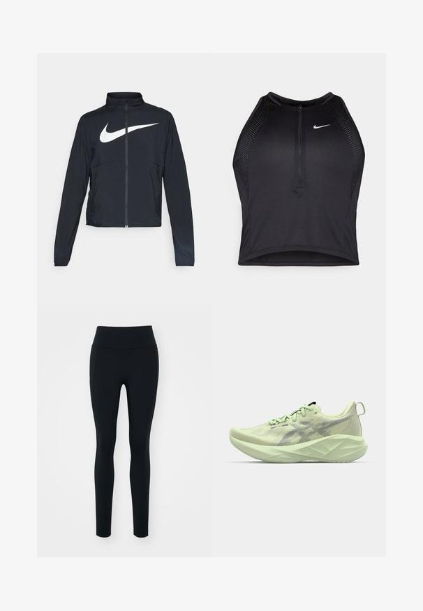 Veste de sport noire zippée sur toute la longueur avec un col haut, des manches longues et un grand logo Nike swoosh blanc sur la poitrine.; Crop top sportif noir avec fermeture éclair à l'avant, accents en mesh et design ajusté. Fabriqué en tissu extensible et respirant. Logo Nike à l'avant.; Leggings noirs en matière extensible avec une taille haute. Texture lisse, design ajusté et sans embellissements ni motifs visibles.; Baskets de sport vert clair avec une tige en mesh, des accents texturés et une semelle épaisse et angulaire pour un meilleur amorti et un soutien optimal.