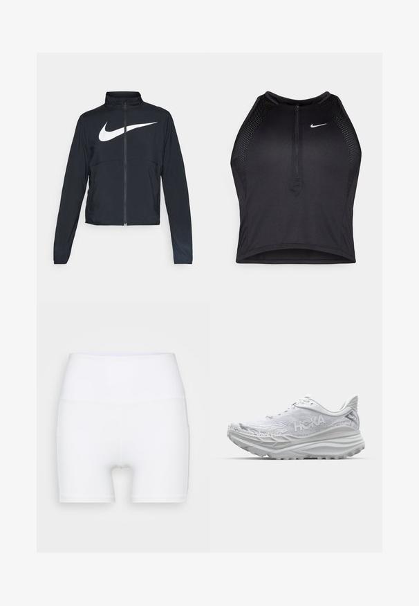 Casaco desportivo preto com fecho éclair completo, gola alta, mangas longas e grande logótipo branco da Nike na parte frontal.; Top cropped atlético preto com fecho à frente, acentos em malha e um design ajustado. Feito de tecido elástico e respirável. Logótipo da Nike na frente.; Calções brancos de cintura alta feitos de tecido elástico. Apresentam uma textura suave e um design justo, sem padrões ou acessórios adicionais.; Shoe branco de corrida com parte superior texturizada, sola acolchoada e calcanhar pronunciado. Apresenta um logo acentuado e atacadores, projetados para conforto.