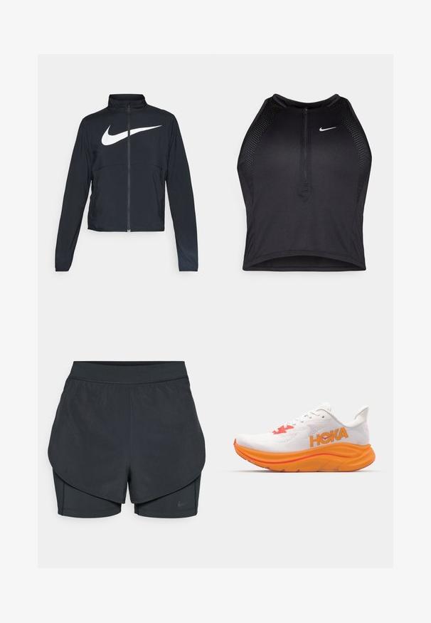 Fekete, teljes cipzáros sportdzseki magas gallérral, hosszú ujjal, amelyen egy nagy, fehér Nike logó található a mellkason.; Fekete sportos crop top, elöl cipzárral, hálós kiegészítőkkel és testhez álló kialakítással. Rugalmas, lélegző anyagból készült. Nike logó elöl.; Fekete sportnadrág réteges kialakítással, sima külső résszel és illeszkedő belső nadrággal. Könnyű, rugalmas anyagból készült.; Fehér futós cipő narancssárga párnázással és piros részletekkel. Hálós felső résszel, oldalt elhelyezett logóval és vastag, texturált talppal rendelkezik.