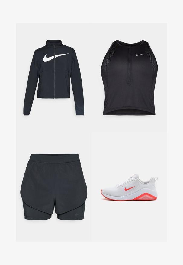 Giacca sportiva nera con zip completa, colletto alto, maniche lunghe e grande logo swoosh bianco Nike sul petto.; Top corto atletico nero con zip frontale, dettagli in rete e un design aderente. Realizzato in tessuto elasticizzato e traspirante. Logo Nike sul davanti.; Shorts sportivi neri con un design a strati, caratterizzati da uno strato esterno morbido e da pantaloni interni aderenti. Realizzati in tessuto leggero e elasticizzato.; Scarpe da ginnastica bianche con una parte superiore in mesh, accenti rossi sul baffo e sulla suola, e un tallone imbottito. Presenta una suola testurizzata per una migliore aderenza.