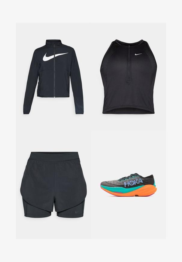 Chaqueta deportiva negra de cremallera completa con cuello alto, mangas largas y gran logo de Nike en blanco en el pecho.; Top corto deportivo negro con cremallera frontal, detalles de malla y un diseño ajustado. Fabricado con tejido elástico y transpirable. Logo de Nike en la parte frontal.; Pantalones cortos deportivos negros con un diseño en capas, que cuentan con una capa exterior suave y pantalones cortos interiores ajustados. Fabricados con una tela ligera y elástica.; HOKA MACH X 2 - Zapatillas running asfalto - black/electric aqua