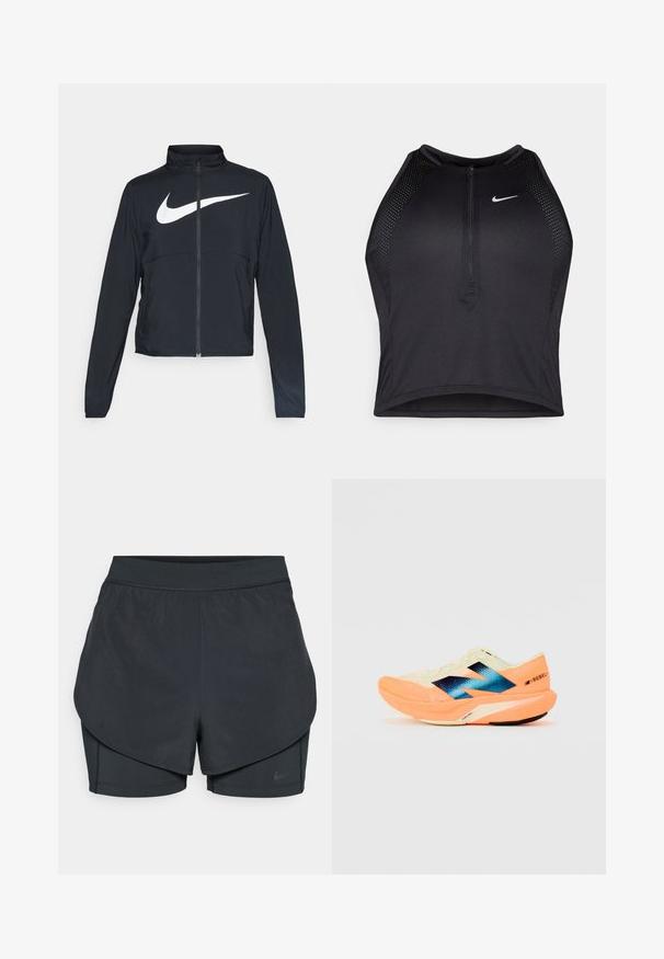 Juodas sportinis džemperis su visiškai užtraukiama užtrauktuku, aukšta apykakle, ilgomis rankovėmis ir dideliu baltu Nike swoosh logotipu per krūtinę.; Juodas sportinis trumpas viršus su užtrauktuku priekyje, tinklinėmis detalėmis ir prigludusia forma. Pagamintas iš tamprios, kvėpuojančios medžiagos. Nike logotipas priekyje.; Juodi sportiniai šortai su sluoksniuota konstrukcija, turintys sklandų išorinį sluoksnį ir prigludusius vidinius šortus. Pagaminti iš lengvos, tamprios medžiagos.; Bėgimo bateliai su lengvu kreminiu viršumi, mėlynu ženklinimu ir oranžiniais akcentais ant pado. Tinklelis, užtikrinantis kvėpavimą.