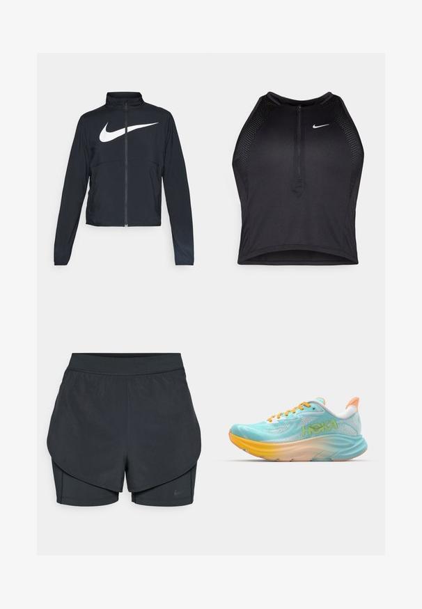 Fekete, teljes cipzáros sportdzseki magas gallérral, hosszú ujjal, amelyen egy nagy, fehér Nike logó található a mellkason.; Fekete sportos crop top, elöl cipzárral, hálós kiegészítőkkel és testhez álló kialakítással. Rugalmas, lélegző anyagból készült. Nike logó elöl.; Fekete sportnadrág réteges kialakítással, sima külső résszel és illeszkedő belső nadrággal. Könnyű, rugalmas anyagból készült.; Világoskék futócipő, texturált hálós felső résszel, narancssárga kiegészítőkkel és színes gradient talppal. Az oldalon HOKA felirat található.