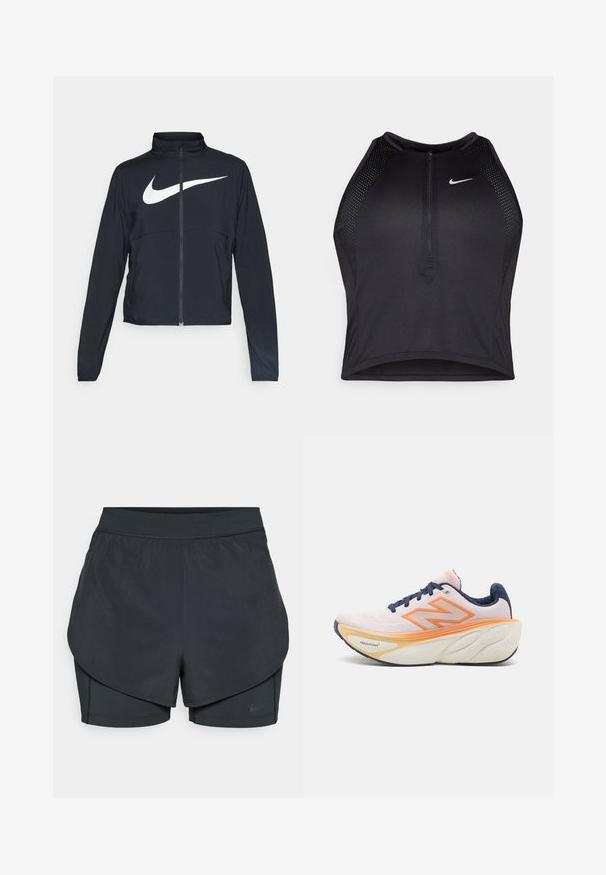 Giacca sportiva nera con zip completa, colletto alto, maniche lunghe e grande logo swoosh bianco Nike sul petto.; Top corto atletico nero con zip frontale, dettagli in rete e un design aderente. Realizzato in tessuto elasticizzato e traspirante. Logo Nike sul davanti.; Shorts sportivi neri con un design a strati, caratterizzati da uno strato esterno morbido e da pantaloni interni aderenti. Realizzati in tessuto leggero e elasticizzato.; Scarpa da corsa con una tomaia leggera e traspirante di colore rosa chiaro, dettagli arancioni, lacci blu navy e una suola bianca ammortizzata con modelli testurizzati.