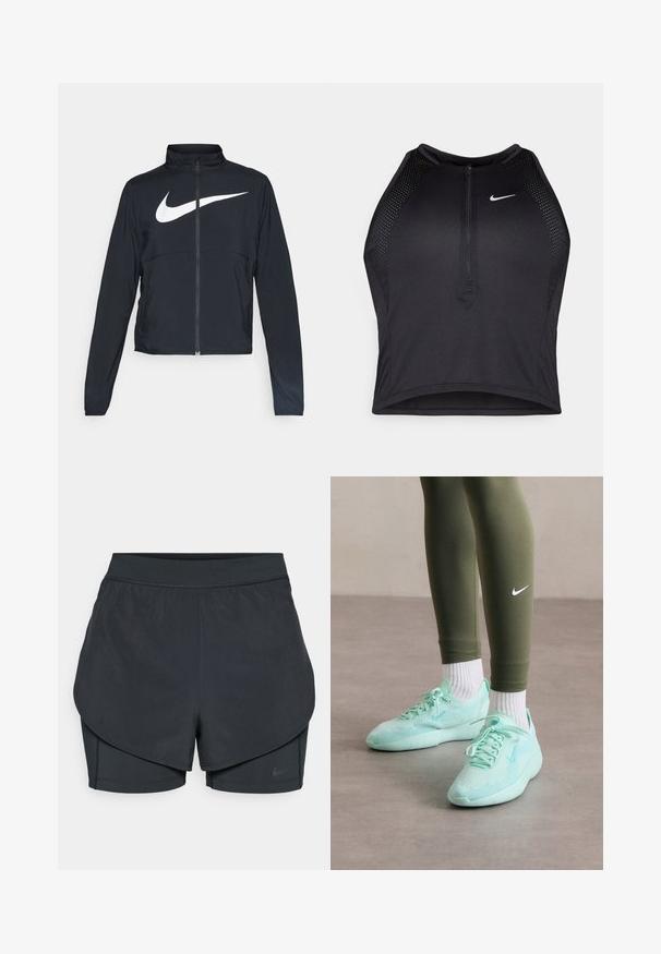 Svart sportjacka med hel dragkedja, hög krage, långa ärmar och stor vit Nike swoosh-logotyp över bröstet.; Svart atletisk crop top med dragkedja framtill, nätdetaljer och en figurnära design. Tillverkad av elastiskt, andningsbart material. Nike-logga på framsidan.; Svarta träningsshorts med ett lagerdesign, med ett slätt yttre lager och en åtsittande inre short. Tillverkade av lätt, elastisk tyg.; Ljus myntgrön Nike-sneakers med meshuppbyggnad och texturerad sula, i kombination med olivgröna leggings och vita strumpor.