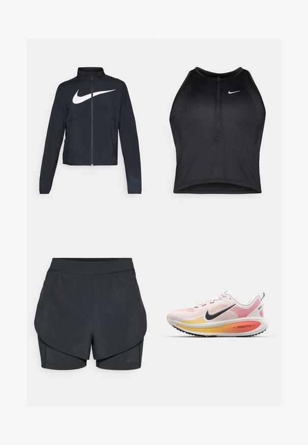 Črna športna jakna z polnim zadrgo, visokim ovratnikom, dolgimi rokavi in velikim belim logotipom Nike swoosh čez prsi.; Črn atletski kratki top z zadrgo spredaj, mrežastimi dodatki in prilegajočim dizajnom. Narejen iz raztegljivega, zračnega materiala. Logotip Nike spredaj.; Črne atletske kratke hlače z večplastnim dizajnom, ki vključuje gladko zunanjo plast in prilegnjene notranje kratke hlače. Narejene so iz lahkega, elastičnega materiala.; Nike Performance VOMERO 18 - Tekaški copati za cesto - white/black/bright crimson/laser orange/light crimson