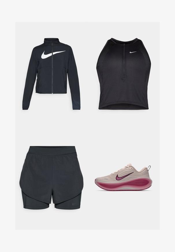 Jachetă sport neagră cu fermoar pe toată lungimea, guler înalt, mâneci lungi și un logo mare alb Nike swoosh pe piept.; Top sportiv black, cu croială scurtă, cu fermoar în față, accente din plasă și un design ajustat. Fabricat dintr-un material elastic și respirabil. Logo-ul Nike pe față.; Șorturi sportive negre cu un design stratificat, având o strat exterior neted și șorturi interioare ajustate. Fabricate dintr-un material ușor și elastic.; Adidașii Nike ZoomX de alergare în bej deschis, cu un superior texturat, o talpă intermediară curbată de culoare roz și accente de culoare purpurie pe logo și talpa exterioară.