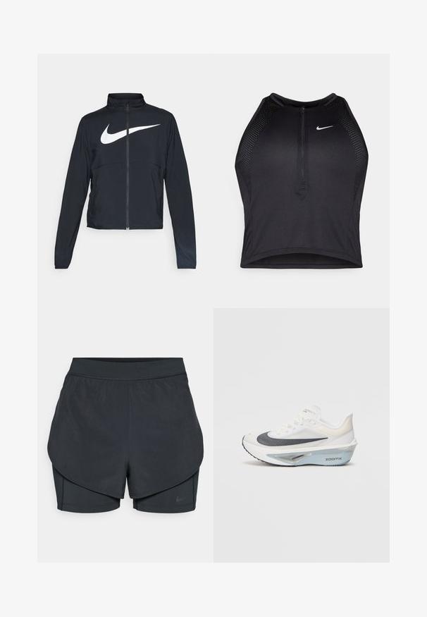 Giacca sportiva nera con zip completa, colletto alto, maniche lunghe e grande logo swoosh bianco Nike sul petto.; Top corto atletico nero con zip frontale, dettagli in rete e un design aderente. Realizzato in tessuto elasticizzato e traspirante. Logo Nike sul davanti.; Shorts sportivi neri con un design a strati, caratterizzati da uno strato esterno morbido e da pantaloni interni aderenti. Realizzati in tessuto leggero e elasticizzato.; Scarpa da corsa bianca con tomaia in rete traspirante, dettagli blu e un design distintivo della suola intermedia che presenta un sistema di ammortizzazione visibile.