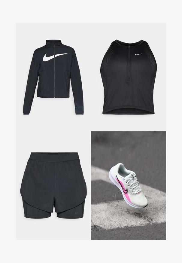 Melnā sporta jaka ar pilnu rāvējslēdzēju, augstu apkakli, garām piedurknēm un lielu baltu Nike swoosh logotipu krūšu daļā.; Melnā sportiskā augšdaļa ar rāvējslēdzēju priekšpusē, acs akcenti un pieguloša dizaina. Izgatavota no elastīga, elpojoša auduma. Nike logo priekšpusē.; Melnas sporta šortus ar slāņotu dizainu, kas ietver gludu ārējo slāni un pieguļošus iekšējos šortus. Izgatavoti no viegla, elastīga auduma.; Vieglas skriešanas kurpes ar baltu acs materiālu, kas satur rozā un melnus akcentus, paaugstinātu papēdi un strukturētu zoli, novietotas gaisā virs asfalta.