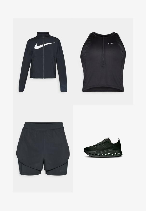 Black full-zip sports jacket with high collar, long sleeves, and large white Nike swoosh logo across the chest.; Black athletic crop top with a zip-front, mesh accents, and a fitted design. Made from stretchy, breathable fabric. Nike logo on front.; Black athletic shorts with a layered design, featuring a smooth outer layer and fitted inner shorts. Made of lightweight, stretch fabric.; On CLOUDSURFER MAX - Road running shoes - black eclipse