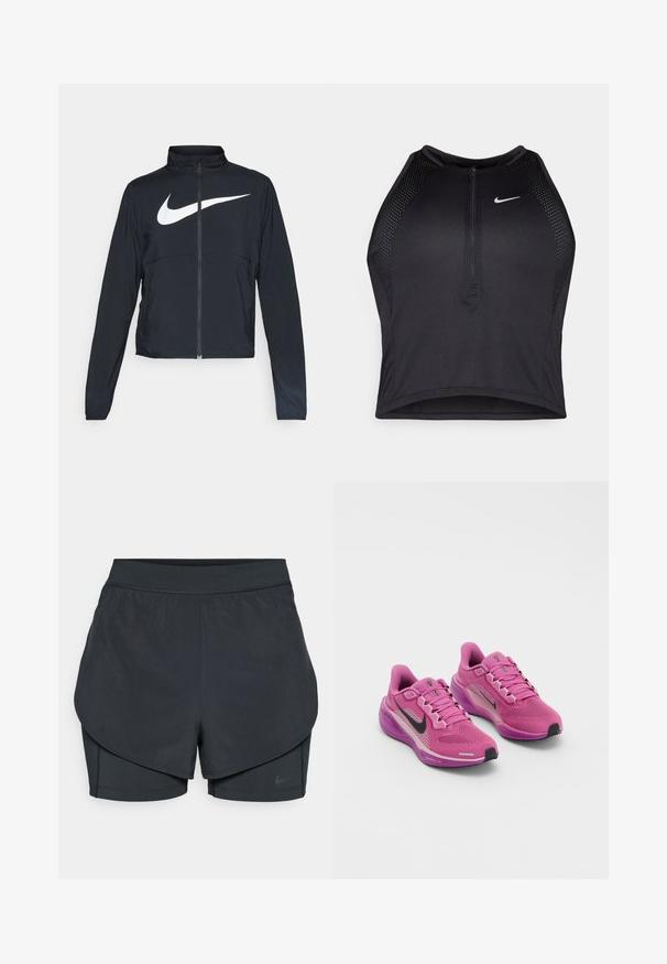 Čierna športová bunda na zips s vysokým golierom, dlhými rukávmi a veľkým bielym logom Nike na hrudi.; Čierny športový crop top so zipsom vpredu, sieťovými prvkami a priliehavým strihom. Vyrobený z pružného, priedušného materiálu. Logo Nike na prednej strane.; Čierne športové šortky s vrstveným dizajnom, s hladkou vonkajšou vrstvou a priliehavými vnútornými šortkami. Vyrobené z ľahkej, elastickej tkaniny.; Ružové športové tenisky s hornou časťou z jemnej sieťoviny, čiernym logom Nike, vypolstrovaným golierom a mäkkou podrážkou. Obsahujú reflexné detaily a šnúrky.