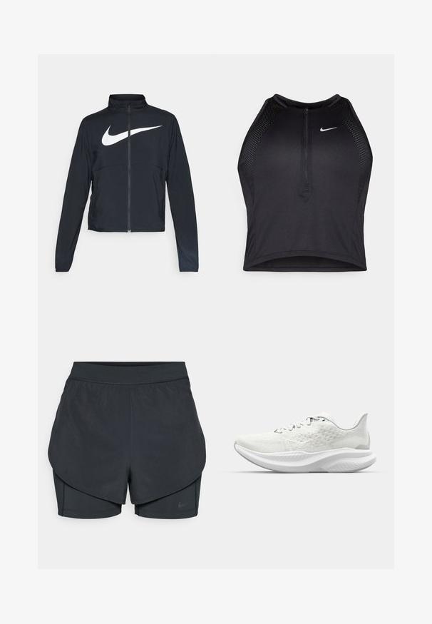 Crna sportska jakna s punim patentnim zatvaračem, visokim ovratnikom, dugim rukavima i velikim bijelim Nike swoosh logom preko grudi.; Crni sportski crop top s patentnim zatvaračem, mrežastim detaljima i prilagođenim dizajnom. Izrađen od rastezljivog, prozračnog materijala. Nike logo na prednjoj strani.; Crne atletske kratke hlače s višeslojnim dizajnom, koje sadrže glatki vanjski sloj i uske unutarnje hlače. Izrađene od lagane, rastezljive tkanine.; Bijele atletske cipele s teksturiranim gornjim dijelom, vezanjem na vezice i podstavljenim đonom s valovitom profilom. Diskretno logo na strani.