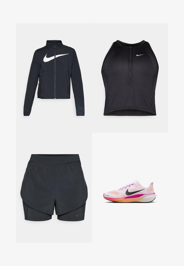 Giacca sportiva nera con zip completa, colletto alto, maniche lunghe e grande logo swoosh bianco Nike sul petto.; Top corto atletico nero con zip frontale, dettagli in rete e un design aderente. Realizzato in tessuto elasticizzato e traspirante. Logo Nike sul davanti.; Shorts sportivi neri con un design a strati, caratterizzati da uno strato esterno morbido e da pantaloni interni aderenti. Realizzati in tessuto leggero e elasticizzato.; Scarpa da corsa bianca con tomaia in mesh, dettagli rosa e arancione, logo swoosh nero, suola in gomma e intersuola imbottita per il comfort.