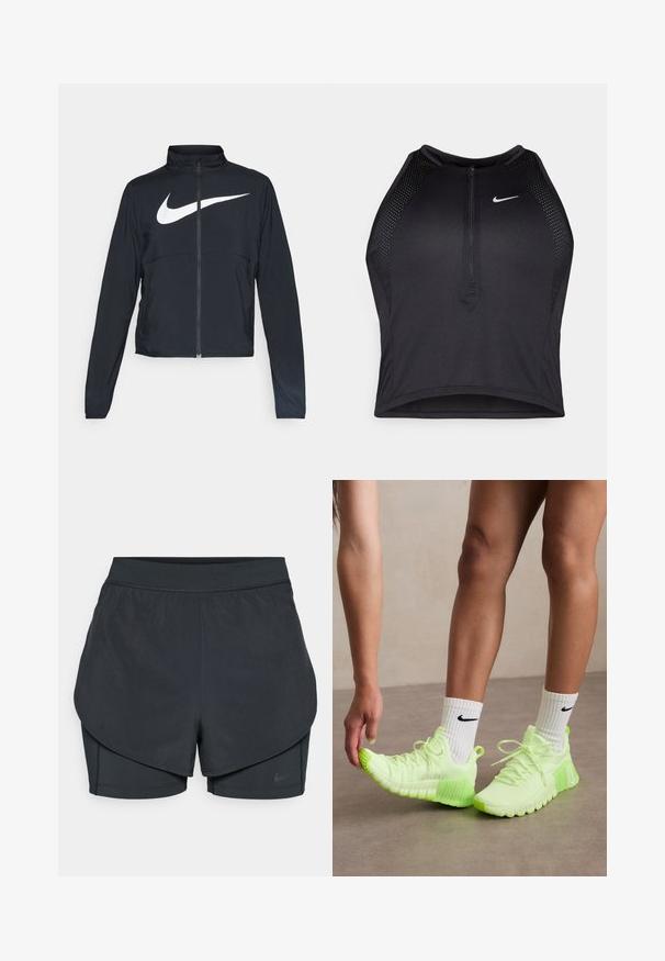 Chaqueta deportiva negra de cremallera completa con cuello alto, mangas largas y gran logo de Nike en blanco en el pecho.; Top corto deportivo negro con cremallera frontal, detalles de malla y un diseño ajustado. Fabricado con tejido elástico y transpirable. Logo de Nike en la parte frontal.; Pantalones cortos deportivos negros con un diseño en capas, que cuentan con una capa exterior suave y pantalones cortos interiores ajustados. Fabricados con una tela ligera y elástica.; Zapatillas deportivas en verde neón con suela texturizada, diseño con cordones y un logotipo de Nike en blanco en el lateral. Usadas con calcetines blancos con acentos en negro.