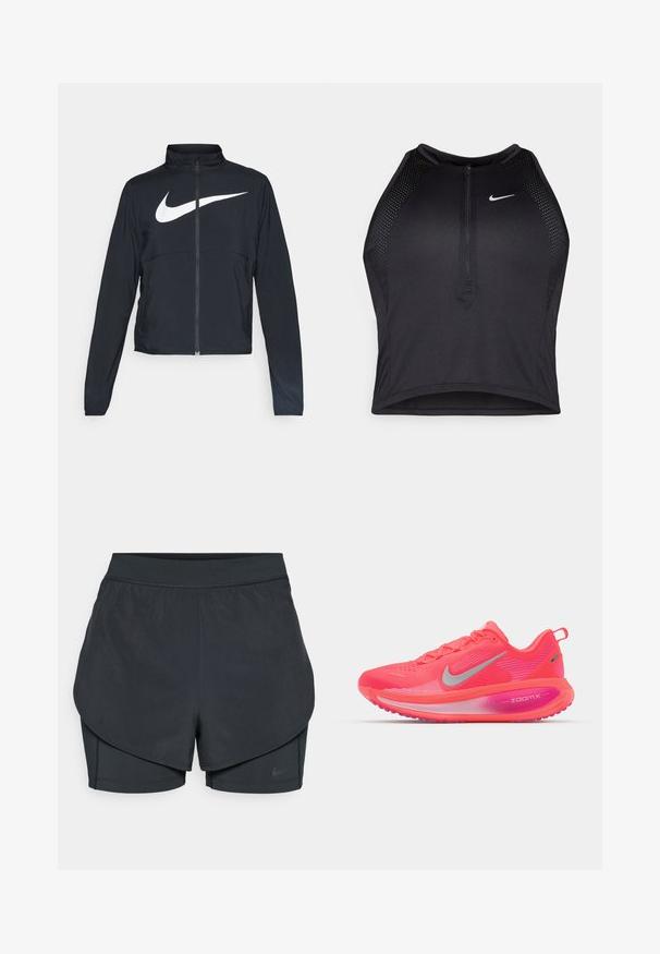Giacca sportiva nera con zip completa, colletto alto, maniche lunghe e grande logo swoosh bianco Nike sul petto.; Top corto atletico nero con zip frontale, dettagli in rete e un design aderente. Realizzato in tessuto elasticizzato e traspirante. Logo Nike sul davanti.; Shorts sportivi neri con un design a strati, caratterizzati da uno strato esterno morbido e da pantaloni interni aderenti. Realizzati in tessuto leggero e elasticizzato.; Nike Performance VOMERO 18 - Scarpe da corsa su strada - bright crimson/white/hyper pink/pink foam