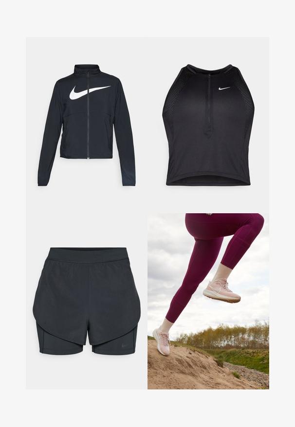 Svart joggebund med hel glidelås, høy krage, lange ermer og stort hvitt Nike swoosh-logo over brystet.; Svart idretts crop top med glidelås foran, mesh-detaljer og en figurvennlig design. Laget av elastisk, pustende materiale. Nike-logo på forsiden.; Svart idrettsshorts med lagdelt design, som har et glatt ytre lag og tettsittende indre shorts. Laget av lett, elastisk stoff.; Nike Performance AIR ZOOM PEGASUS 39 - Løpesko for vei - pink oxford/summit white/light soft pink/champagne/atmosphere/rose whisper