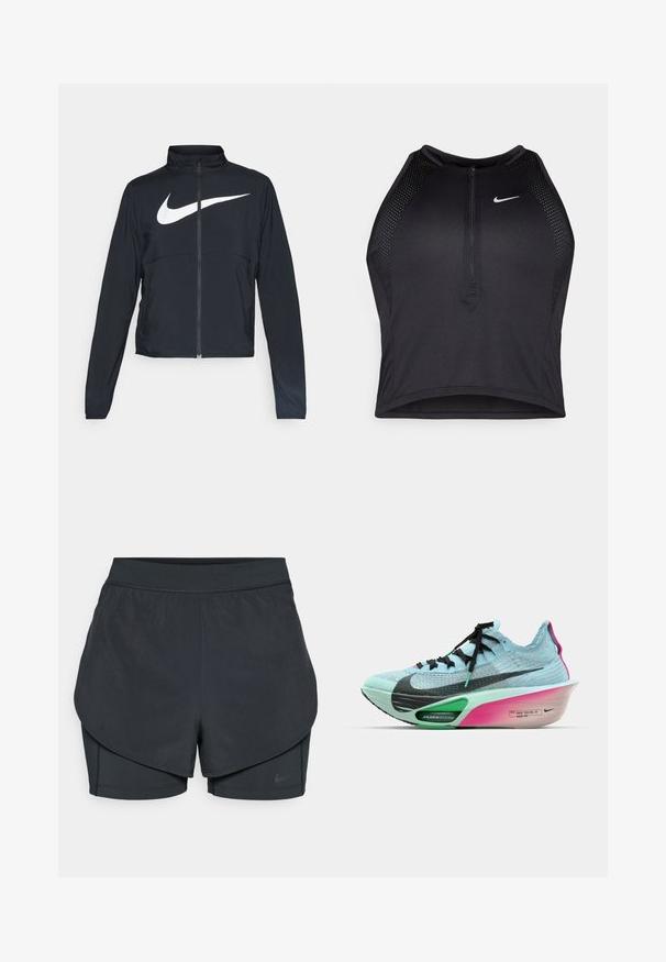 Schwarze Sportjacke mit vollem Reißverschluss, hohem Kragen, langen Ärmeln und großem weißen Nike-Swoosh-Logo auf der Brust.; Schwarzes sportliches Crop-Top mit Reißverschluss vorne, Netz-Akzenten und figurnaher Passform. Hergestellt aus dehnbarem, atmungsaktivem Material. Nike-Logo auf der Vorderseite.; Schwarze sportliche Shorts mit einem geschichteten Design, das eine glatte äußere Schicht und eng anliegende innere Shorts umfasst. Hergestellt aus leichtem, dehnbarem Material.; Nike-Laufschuh mit einem hellblauen Strick-Obermaterial, schwarzen Akzenten, einer grünen AIR ZOOM-Zwischensohle und einer pink-weißen Farbverlauf-Laufsohle.