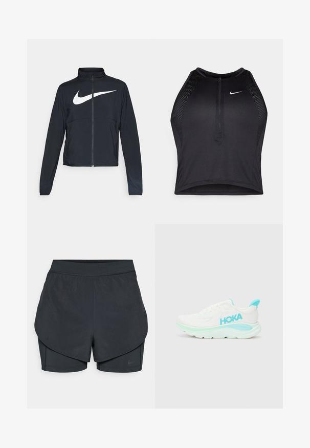 Fekete, teljes cipzáros sportdzseki magas gallérral, hosszú ujjal, amelyen egy nagy, fehér Nike logó található a mellkason.; Fekete sportos crop top, elöl cipzárral, hálós kiegészítőkkel és testhez álló kialakítással. Rugalmas, lélegző anyagból készült. Nike logó elöl.; Fekete sportnadrág réteges kialakítással, sima külső résszel és illeszkedő belső nadrággal. Könnyű, rugalmas anyagból készült.; Fehér sportcipő világos kék részletekkel; hálós felsőrész, párnázott boka része, vastag középtalpas, és texturált talp a tapadás érdekében. HOKA logó feltüntetve.