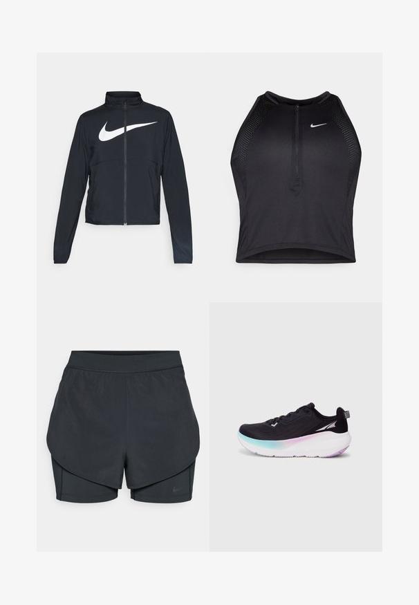 Czarna bluza sportowa na zamek błyskawiczny z wysokim kołnierzem, długimi rękawami i dużym białym logo Nike na klatce piersiowej.; Czarny sportowy crop top z zamkiem z przodu, z siateczkowymi akcentami i dopasowanym krojem. Wykonany z elastycznego, oddychającego materiału. Logo Nike z przodu.; Czarne spodenki sportowe z warstwowym krojem, z gładką zewnętrzną warstwą i dopasowanymi wewnętrznymi spodniami. Wykonane z lekkiej, elastycznej tkaniny.; Czarny but biegowy z lekką siateczkową cholewką, gradientowa podeszwa przechodząca od jasnoniebieskiego do fioletowego oraz odblaskowe akcenty.