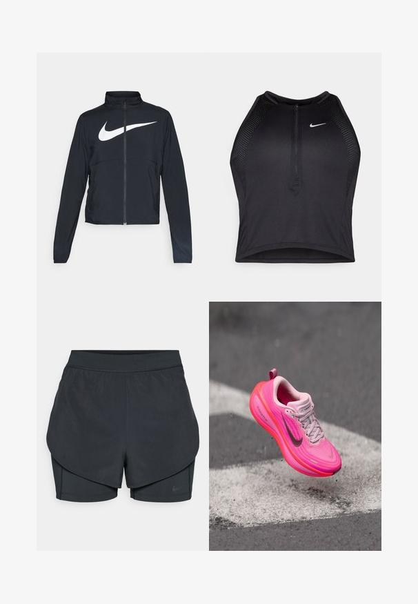 Black full-zip sports jacket with high collar, long sleeves, and large white Nike swoosh logo across the chest.; Black athletic crop top with a zip-front, mesh accents, and a fitted design. Made from stretchy, breathable fabric. Nike logo on front.; Black athletic shorts with a layered design, featuring a smooth outer layer and fitted inner shorts. Made of lightweight, stretch fabric.; Bright pink Nike running shoe with gray swoosh and ZoomX sole suspended above gray asphalt with white road marking.