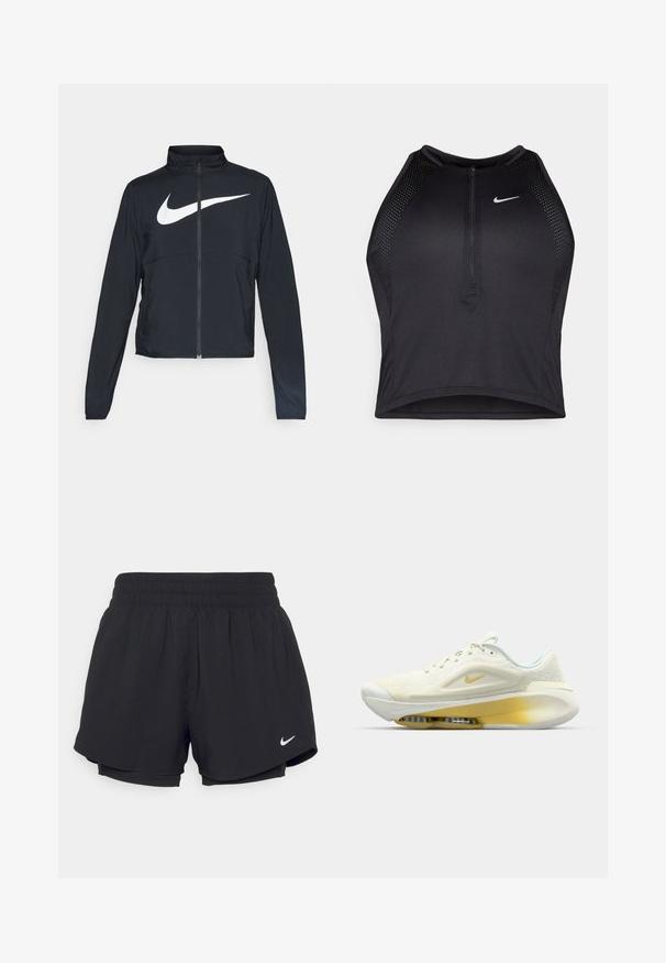 Jachetă sport neagră cu fermoar pe toată lungimea, guler înalt, mâneci lungi și un logo mare alb Nike swoosh pe piept.; Top sportiv black, cu croială scurtă, cu fermoar în față, accente din plasă și un design ajustat. Fabricat dintr-un material elastic și respirabil. Logo-ul Nike pe față.; Shorts atletici negri cu un talie elastică strânsă, căptușeală interioară și logo-ul alb Nike în partea stângă jos. Material neted și ușor.; Cămașă sport Nike în galben pal și alb. Caracteristici: material superior din plasă, guler căptușit și o unitate Air Zoom vizibilă în talpă. Material texturat.