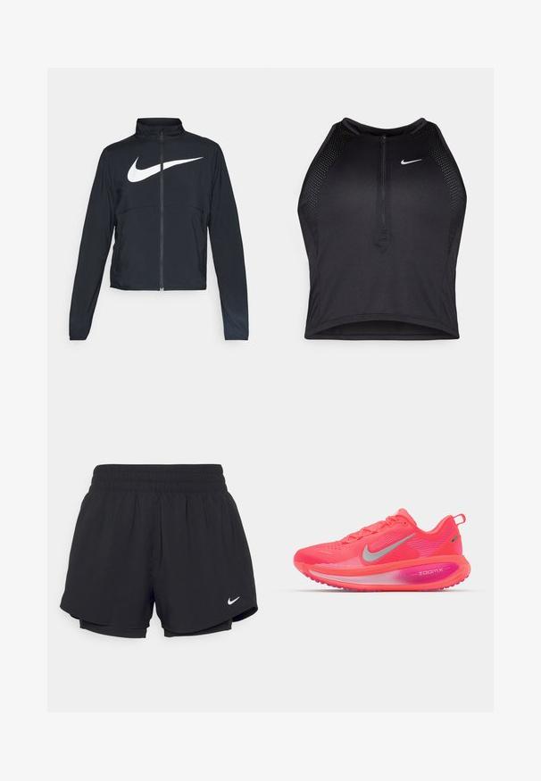 Schwarze Sportjacke mit vollem Reißverschluss, hohem Kragen, langen Ärmeln und großem weißen Nike-Swoosh-Logo auf der Brust.; Schwarzes sportliches Crop-Top mit Reißverschluss vorne, Netz-Akzenten und figurnaher Passform. Hergestellt aus dehnbarem, atmungsaktivem Material. Nike-Logo auf der Vorderseite.; Schwarze Sportshorts mit einem gerafften elastischen Bund, Innenfutter und weißem Nike-Logo auf der unteren linken Seite. Glatter, leichter Stoff.; Nike Performance VOMERO 18 - Laufschuh Straße - bright crimson/white/hyper pink/pink foam