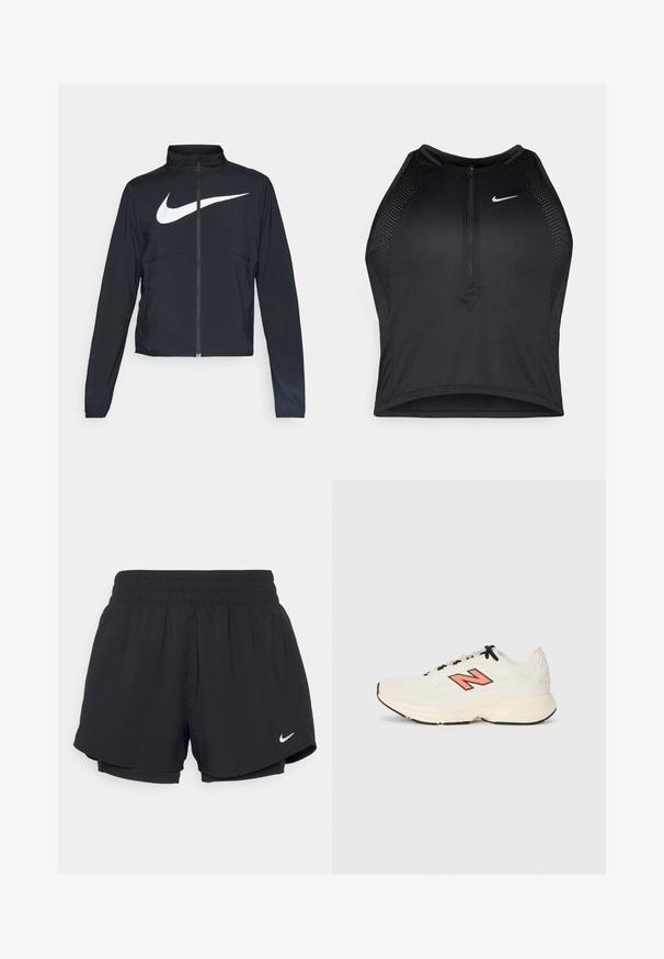 Musta urheilutakki, jossa on täysivetoketju, korkea kaulus, pitkät hihat ja suuri valkoinen Nike-tikkauksella rintaosa.; Musta urheilullinen crop-top, jossa on vetoketjukiinnitys, verkkokankaiset yksityiskohdat ja istuva malli. Valmistettu joustavasta ja hengittävästä kankaasta. Nike-logo edessä.; Mustat urheilushortsit, joissa on kootut joustovyötärö, vuori ja valkoinen Nike-logo vasemmassa alakulmassa. Suoraviivainen, kevyt kangas.; Kermavalkoinen urheilukenkä mustilla nauhoilla, paksulla pohjalla ja oranssilla "N"-logolla sivussa, esitetty vasemman profiilin näkökulmasta valkoista taustaa vasten.