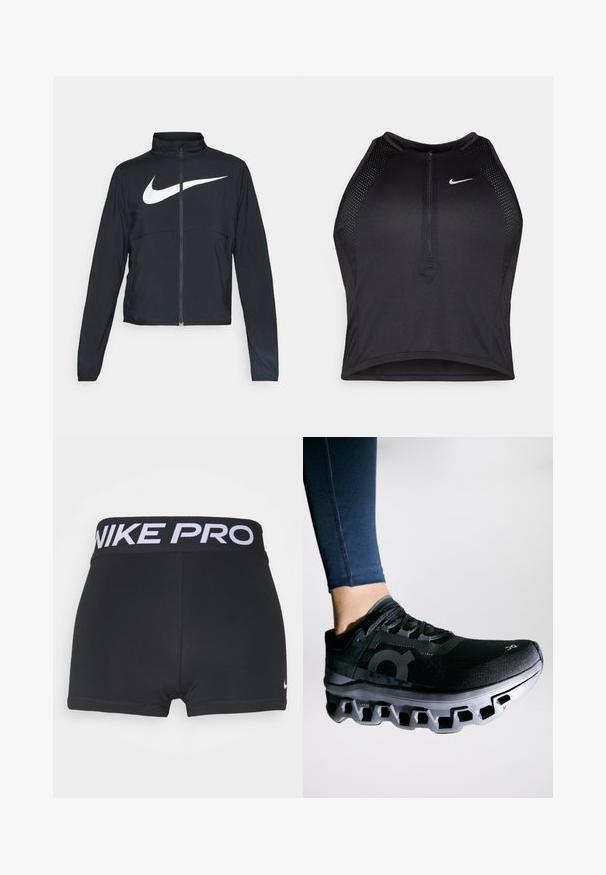 Giacca sportiva nera con zip completa, colletto alto, maniche lunghe e grande logo swoosh bianco Nike sul petto.; Top corto atletico nero con zip frontale, dettagli in rete e un design aderente. Realizzato in tessuto elasticizzato e traspirante. Logo Nike sul davanti.; Pantaloni sportivi neri con una larga vita nera con la scritta "NIKE PRO" in bianco. Il tessuto è liscio e elastico e si notano le finiture dei lembi.; Scarpa da corsa nera con tomaia testurizzata e una suola intermedia distintiva caratterizzata da un design segmentato unico. Accentata con un logo di lato.