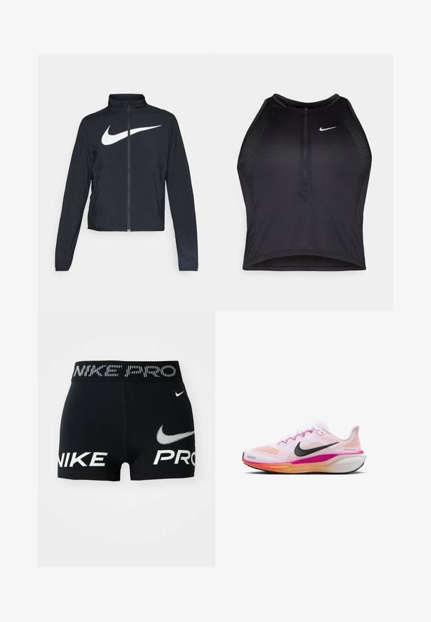 Chaqueta deportiva negra de cremallera completa con cuello alto, mangas largas y gran logo de Nike en blanco en el pecho.; Top corto deportivo negro con cremallera frontal, detalles de malla y un diseño ajustado. Fabricado con tejido elástico y transpirable. Logo de Nike en la parte frontal.; Pantalones cortos deportivos Nike Pro negros con logotipos y texto en blanco en la cinturilla y en la parte delantera.; Zapatilla de running blanca con parte superior de malla, acentos en rosa y naranja, logo del swoosh negro, suela de goma y media suela acolchada para mayor confort.