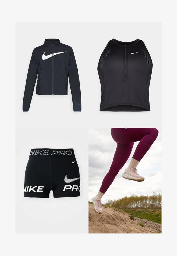Black full-zip sports jacket with high collar, long sleeves, and large white Nike swoosh logo across the chest.; Black athletic crop top with a zip-front, mesh accents, and a fitted design. Made from stretchy, breathable fabric. Nike logo on front.; Black Nike Pro athletic shorts with white Nike logos and text on waistband and front.; Nike Performance AIR ZOOM PEGASUS 39 - Road running shoes - pink oxford/summit white/light soft pink/champagne/atmosphere/rose whisper