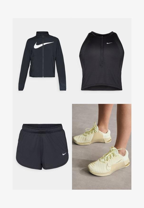Must musta täispikk vary hoodie kõrge krae, pikad varrukad ja suur valge Nike swooshi logo rinnal.; Must negra spordiline crop top, millel on lukk ees, võrgukangast detailid ja vormiv disain. Valmistatud venivast ja hingavast kangast. Nike logo ees.; Mustad mustikud mustad lühikesed püksid, mis on valmistatud kerge ja hingava kangaga. Omab elastset vööd ja valget Nike logo alumises paremas nurgas.; Heledad kollaseid spordijalgu, millel on võrgust ülemine osa, ribadeks aktsendid külgedel, ümar nina ja lapikud paelad. Küljes on Nike'i logo.