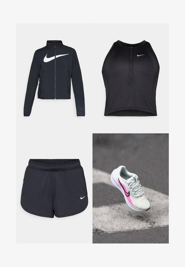 Veste de sport noire zippée sur toute la longueur avec un col haut, des manches longues et un grand logo Nike swoosh blanc sur la poitrine.; Crop top sportif noir avec fermeture éclair à l'avant, accents en mesh et design ajusté. Fabriqué en tissu extensible et respirant. Logo Nike à l'avant.; Shorts de sport noirs en tissu léger et respirant. Dotés d'une taille élastique et d'un logo Nike blanc sur le bas à droite.; Chaussure de course légère en maille blanche, avec des accents roses et noirs, talon surélevé et semelle texturée, positionnée en l'air au-dessus du pavé.