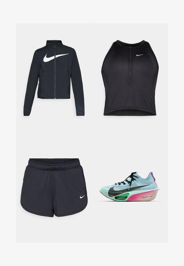 Jachetă sport neagră cu fermoar pe toată lungimea, guler înalt, mâneci lungi și un logo mare alb Nike swoosh pe piept.; Top sportiv black, cu croială scurtă, cu fermoar în față, accente din plasă și un design ajustat. Fabricat dintr-un material elastic și respirabil. Logo-ul Nike pe față.; Pantaloni scurți atletici negri, confecționați dintr-un material ușor și respirabil. Prezintă un brâu elastic și logo-ul alb Nike în colțul din dreapta jos.; Pantofii de alergare Nike cu un superior din tricot bleu deschis, accente negre, o talpă intermediară AIR ZOOM verde și o talpă exterioară cu un gradient roz și alb.