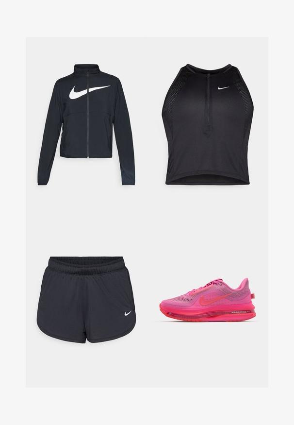Casaco desportivo preto com fecho éclair completo, gola alta, mangas longas e grande logótipo branco da Nike na parte frontal.; Top cropped atlético preto com fecho à frente, acentos em malha e um design ajustado. Feito de tecido elástico e respirável. Logótipo da Nike na frente.; Calções atléticos pretos com cintura elástica, apresentando um design desportivo e um logótipo Nike branco na parte inferior da frente. Tecido texturizado.; Sapatilha de corrida Nike com parte superior em malha na cor rosa vibrante com detalhes em degradê, unidade de ar visível e sola texturizada para tração.