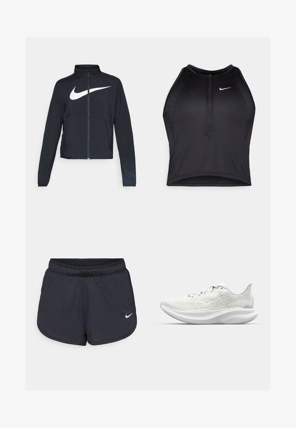 Veste de sport noire zippée sur toute la longueur avec un col haut, des manches longues et un grand logo Nike swoosh blanc sur la poitrine.; Crop top sportif noir avec fermeture éclair à l'avant, accents en mesh et design ajusté. Fabriqué en tissu extensible et respirant. Logo Nike à l'avant.; Shorts de sport noirs avec une taille élastique, présentant un design sportif et un logo Nike blanc sur le bas à l'avant. Tissu texturé.; Baskets de sport blanches avec une tige texturée, un design à lacets et une semelle rembourrée au profil ondulé. Marquage subtil sur le côté.