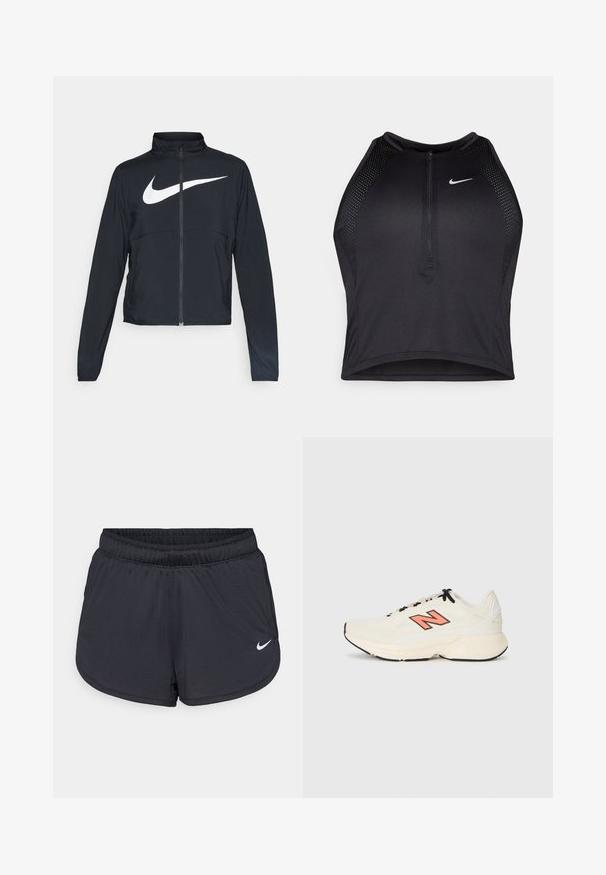 Casaco desportivo preto com fecho éclair completo, gola alta, mangas longas e grande logótipo branco da Nike na parte frontal.; Top cropped atlético preto com fecho à frente, acentos em malha e um design ajustado. Feito de tecido elástico e respirável. Logótipo da Nike na frente.; Calções atléticos pretos com cintura elástica, apresentando um design desportivo e um logótipo Nike branco na parte inferior da frente. Tecido texturizado.; Sapatilha atlética de cor creme com atacadores pretos, sola grossa e logótipo "N" laranja na lateral, mostrada em perfil esquerdo sobre fundo branco.