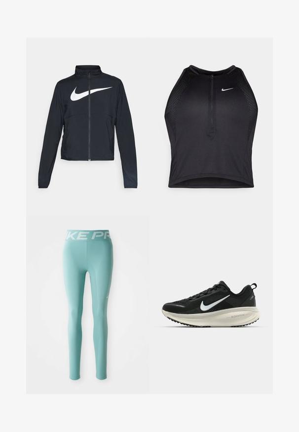 Jachetă sport neagră cu fermoar pe toată lungimea, guler înalt, mâneci lungi și un logo mare alb Nike swoosh pe piept.; Top sportiv black, cu croială scurtă, cu fermoar în față, accente din plasă și un design ajustat. Fabricat dintr-un material elastic și respirabil. Logo-ul Nike pe față.; Leggings atletice de lungime întreagă, de culoare albastru deschis, cu o talie albă marca Nike Pro și un mic swoosh alb Nike pe coapsa dreaptă.; Pantofii de alergare negri de la Nike, cu parte superioară din plasă respirabilă, logo-ul alb Swoosh, detalii texturate și o talpă intermediară ZoomX de culoare crem.