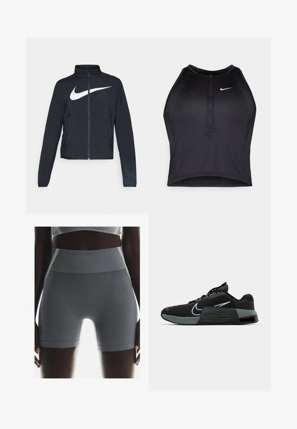 Sort fuld-zip sportsjakke med høj krave, lange ærmer og stort hvidt Nike swoosh-logo på brystet.; Sort sports crop top med lynlås foran, mesh-detaljer og en tætsiddende pasform. Lavet af strækbart, åndbart stof. Nike-logo på forsiden.; Grå ribbede atletiske shorts har en høj talje, en glat tekstur og en tætsiddende pasform, suppleret med et lille mærke på siden.; Sort atletisk sko med mesh-overdel, grå accenter og struktureret mellemsål. Har et fremtrædende logo og snørebåndsdesign. Gummisål for godt greb.