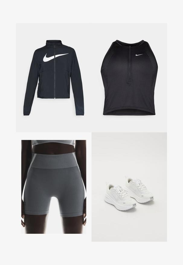 Must musta täispikk vary hoodie kõrge krae, pikad varrukad ja suur valge Nike swooshi logo rinnal.; Must negra spordiline crop top, millel on lukk ees, võrgukangast detailid ja vormiv disain. Valmistatud venivast ja hingavast kangast. Nike logo ees.; Hallid ribikujulised sportlikud lühikesed püksid, millel on kõrge vöökoht, sile tekstuur ja keha lähedane lõige, mida täiendab külgedel väike kaubamärgi silt.; Valged spordijalatsid, millel on tekstureeritud võrkkangas üst, pehme tallaga ja peened hallid aktsendid. Kaasas bränding ja aasaga kannaaken mugavaks selga panemiseks.
