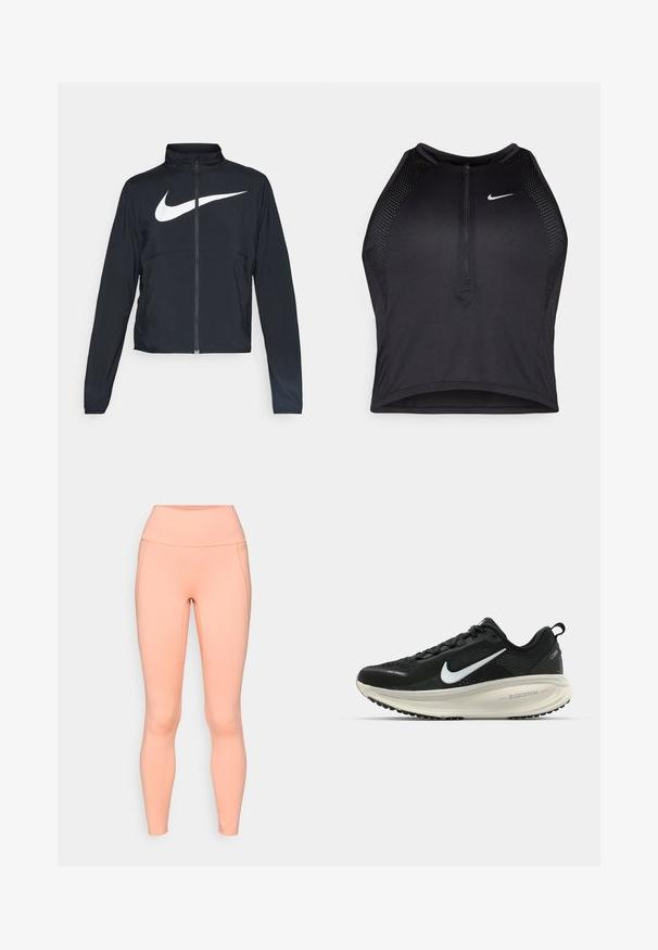 Jachetă sport neagră cu fermoar pe toată lungimea, guler înalt, mâneci lungi și un logo mare alb Nike swoosh pe piept.; Top sportiv black, cu croială scurtă, cu fermoar în față, accente din plasă și un design ajustat. Fabricat dintr-un material elastic și respirabil. Logo-ul Nike pe față.; Leggings de culoare piersică, fabricate dintr-un material elastic, având un talie înaltă, o textură netedă și un design fără cusături, fără buzunare vizibile.; Pantofii de alergare negri de la Nike, cu parte superioară din plasă respirabilă, logo-ul alb Swoosh, detalii texturate și o talpă intermediară ZoomX de culoare crem.