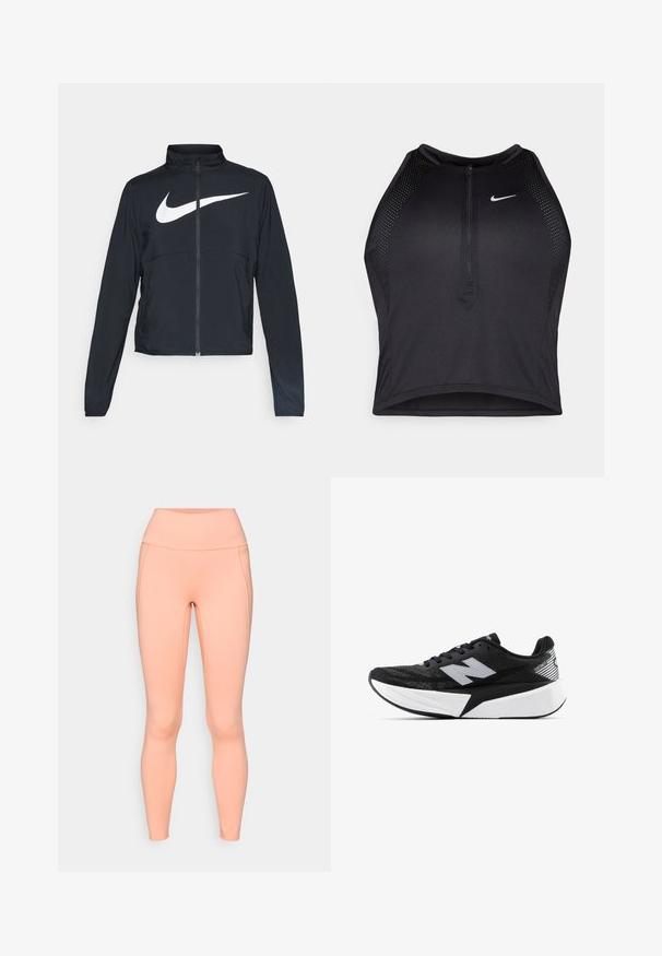 Černá sportovní bunda na zip s vysokým límcem, dlouhými rukávy a velkým bílým logem Nike swoosh přes prsa.; Černý sportovní crop top se zipem vpředu, síťovými detaily a přiléhavým střihem. Vyrobený z elastického, prodyšného materiálu. Logo Nike na přední straně.; Legíny v broskvové barvě vyrobené z elastického materiálu, s vysokým pasem, hladkou texturou a bezešvým designem bez viditelných kapes.; Černobílá běžecká bota New Balance s tlustou podrážkou, síťovaným svrškem a logem "N" na boku, sledována z vnější strany.