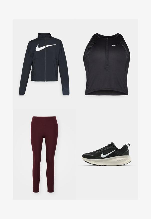 Must musta täispikk vary hoodie kõrge krae, pikad varrukad ja suur valge Nike swooshi logo rinnal.; Must negra spordiline crop top, millel on lukk ees, võrgukangast detailid ja vormiv disain. Valmistatud venivast ja hingavast kangast. Nike logo ees.; Bordo leggings, mis elastaanist ning kõrge vöökoht, sujuva tekstuuri ja liibuva siluetiga, ilma mustrite või aksessuaarideta.; Musthave mustus Nike jooksujalats, millel on hingav võrgust ülemine osa, valge swoosh logo, tekstuuriga detailid ja kreemja värvusega ZoomX vahevöö.