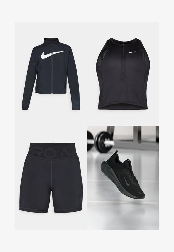Black full-zip sports jacket with high collar, long sleeves, and large white Nike swoosh logo across the chest.; Black athletic crop top with a zip-front, mesh accents, and a fitted design. Made from stretchy, breathable fabric. Nike logo on front.; Black athletic shorts made of stretchy material, featuring a high waistband with "PRO" printed, and a small logo in the bottom corner.; Black sports sneaker with Nike logo, shown mid-air on gym floor, with blurred dumbbell rack in background.