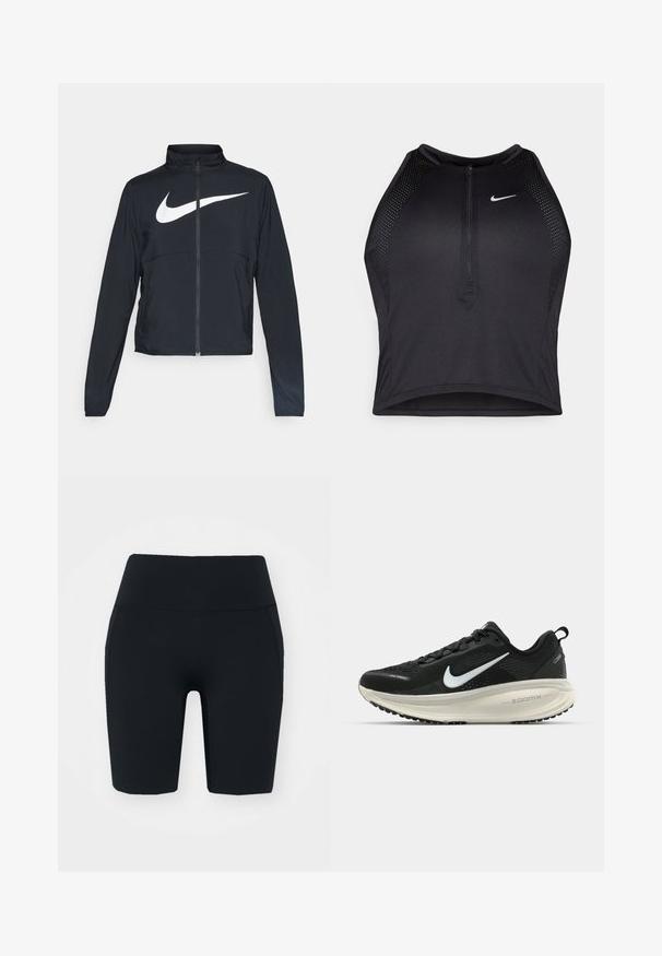 Čierna športová bunda na zips s vysokým golierom, dlhými rukávmi a veľkým bielym logom Nike na hrudi.; Čierny športový crop top so zipsom vpredu, sieťovými prvkami a priliehavým strihom. Vyrobený z pružného, priedušného materiálu. Logo Nike na prednej strane.; Čierne cyklistické šortky s vysokým pásom, vyrobené z elastického materiálu s hladkou textúrou, s bočnými vreckami a priliehavým strihom.; Čierne bežecké topánky Nike s priedušnou sieťovinou, bielym logom s symbolom swoosh, textúrovanými detailmi a krémovou ZoomX medzipodrážkou.
