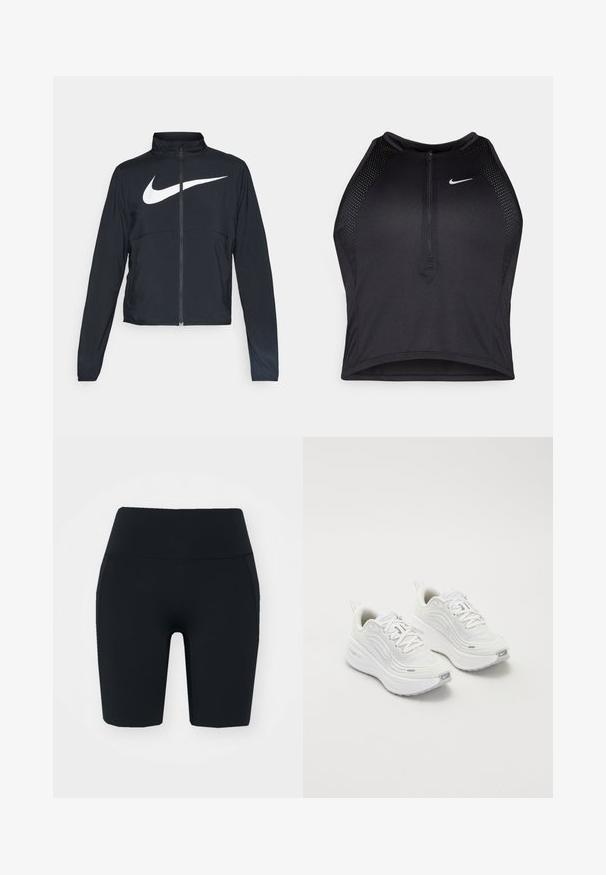 Zwarte sportjas met volledige rits, hoge kraag, lange mouwen en groot wit Nike swoosh-logo op de borst.; Zwarte atletische crop top met een rits aan de voorkant, mesh accenten en een aansluitend ontwerp. Gemaakt van rekbare, ademende stof. Nike-logo aan de voorkant.; Zwarte high-waisted fietsshorts van rekbaar materiaal met een gladde textuur, voorzien van zijzakken en een pasvormdesign.; Witte sportieve schoenen met een gestructureerde mesh bovenkant, een comfortabele zool en subtiele grijze accenten. Inclusief branding en een lus aan de hiel voor eenvoudig aan- en uittrekken.