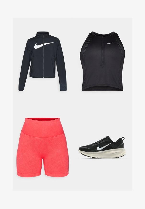 Must musta täispikk vary hoodie kõrge krae, pikad varrukad ja suur valge Nike swooshi logo rinnal.; Must negra spordiline crop top, millel on lukk ees, võrgukangast detailid ja vormiv disain. Valmistatud venivast ja hingavast kangast. Nike logo ees.; Roosa spordilühikesed püksid kõrge vöökoht, valmistatud siledast ja elastsetest materjalidest. Omavad ühtlast värvi ja ühtegi lisadeta sujuvat disaini.; Musthave mustus Nike jooksujalats, millel on hingav võrgust ülemine osa, valge swoosh logo, tekstuuriga detailid ja kreemja värvusega ZoomX vahevöö.