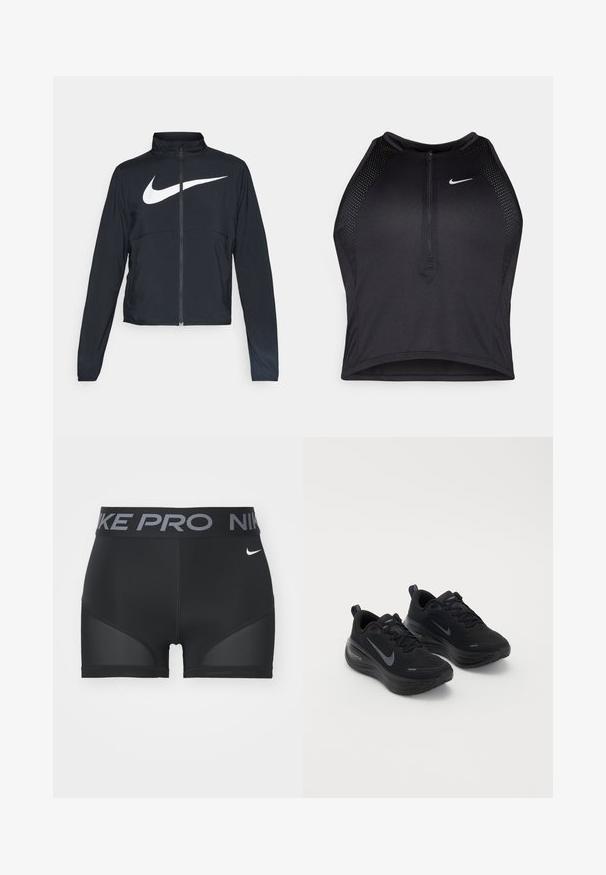 Veste de sport noire zippée sur toute la longueur avec un col haut, des manches longues et un grand logo Nike swoosh blanc sur la poitrine.; Crop top sportif noir avec fermeture éclair à l'avant, accents en mesh et design ajusté. Fabriqué en tissu extensible et respirant. Logo Nike à l'avant.; Shorts de sport noirs avec une large ceinture comportant "NIKE PRO" en gris. Comprend des panneaux en maille sur les côtés et un petit logo blanc.; Baskets noires de sport avec un dessus texturé, un design à lacets et une semelle épaisse et rembourrée. Présente un logo Nike gris de chaque côté.
