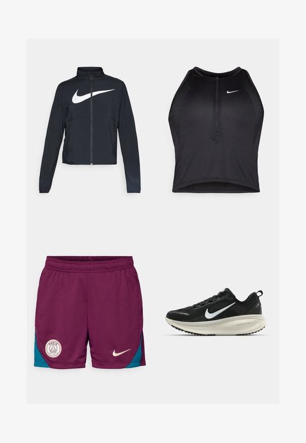 Čierna športová bunda na zips s vysokým golierom, dlhými rukávmi a veľkým bielym logom Nike na hrudi.; Čierny športový crop top so zipsom vpredu, sieťovými prvkami a priliehavým strihom. Vyrobený z pružného, priedušného materiálu. Logo Nike na prednej strane.; Nike Performance PARIS ST GERMAIN STRIKE SHORT - Športové šortky - bordeaux/geode teal/guava ice; Čierne bežecké topánky Nike s priedušnou sieťovinou, bielym logom s symbolom swoosh, textúrovanými detailmi a krémovou ZoomX medzipodrážkou.